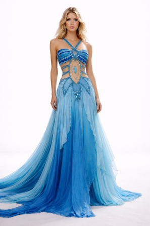 Blue Ombre Palette Floor Length Evening Dress