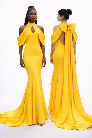 Marigold Yellow High Neck Halter Bodice Evening Dress