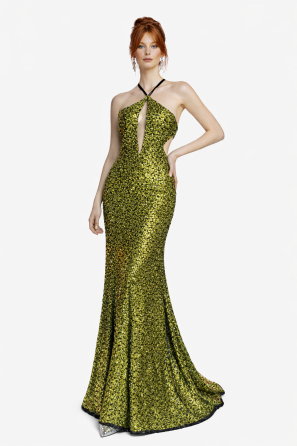 Olive Gold Sequins Avant-Garde Halter Neckline Evening Dress