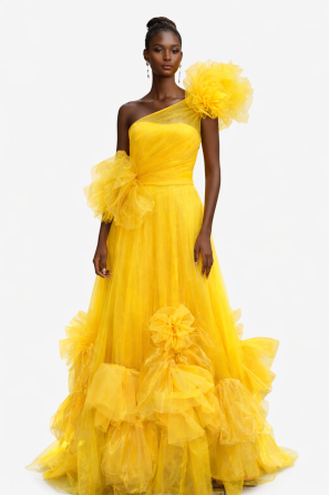 One Shoulder Canary Yellow Romantic Evening Dress