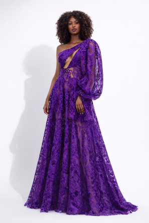 Purple Lace Swirling Baroque Patterns Evening Dress