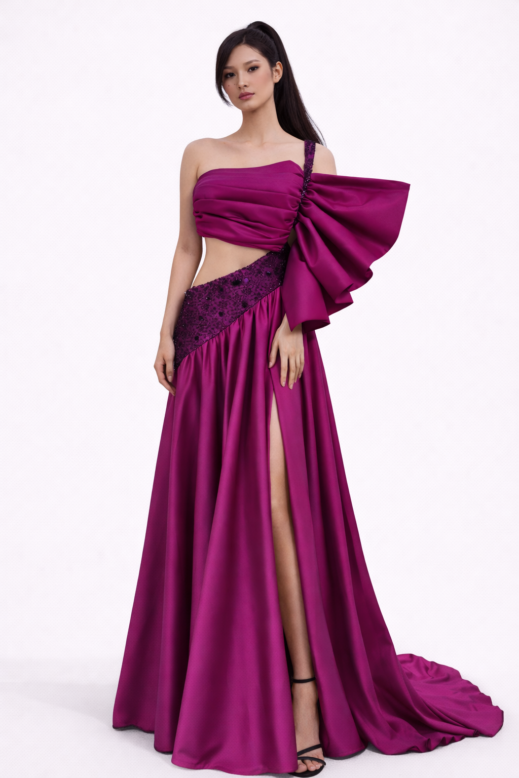 Vibrant Magenta Satin Evening Dress by Yihan Bronn