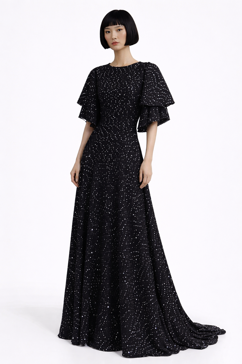 Black Fabric Starry Sky Silver Sequins Evening Dress