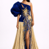 Scuba Bodice Flowing Champagne Gold Pleated Evening Dress