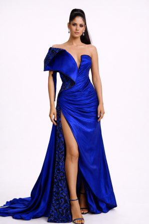 Royal Blue Satin Ruching Bodice and Waist Evening Dress