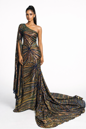 One Shoulder Neckline Radial Sunburst Pattern Evening Dress