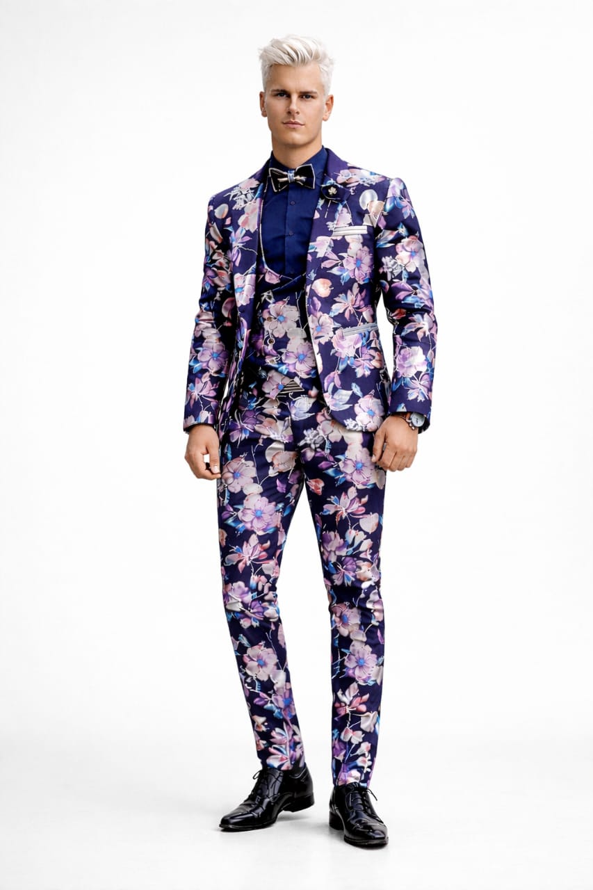 Elegant Deep Indigo Backdrop Three-Piece Floral Ensemble Suit