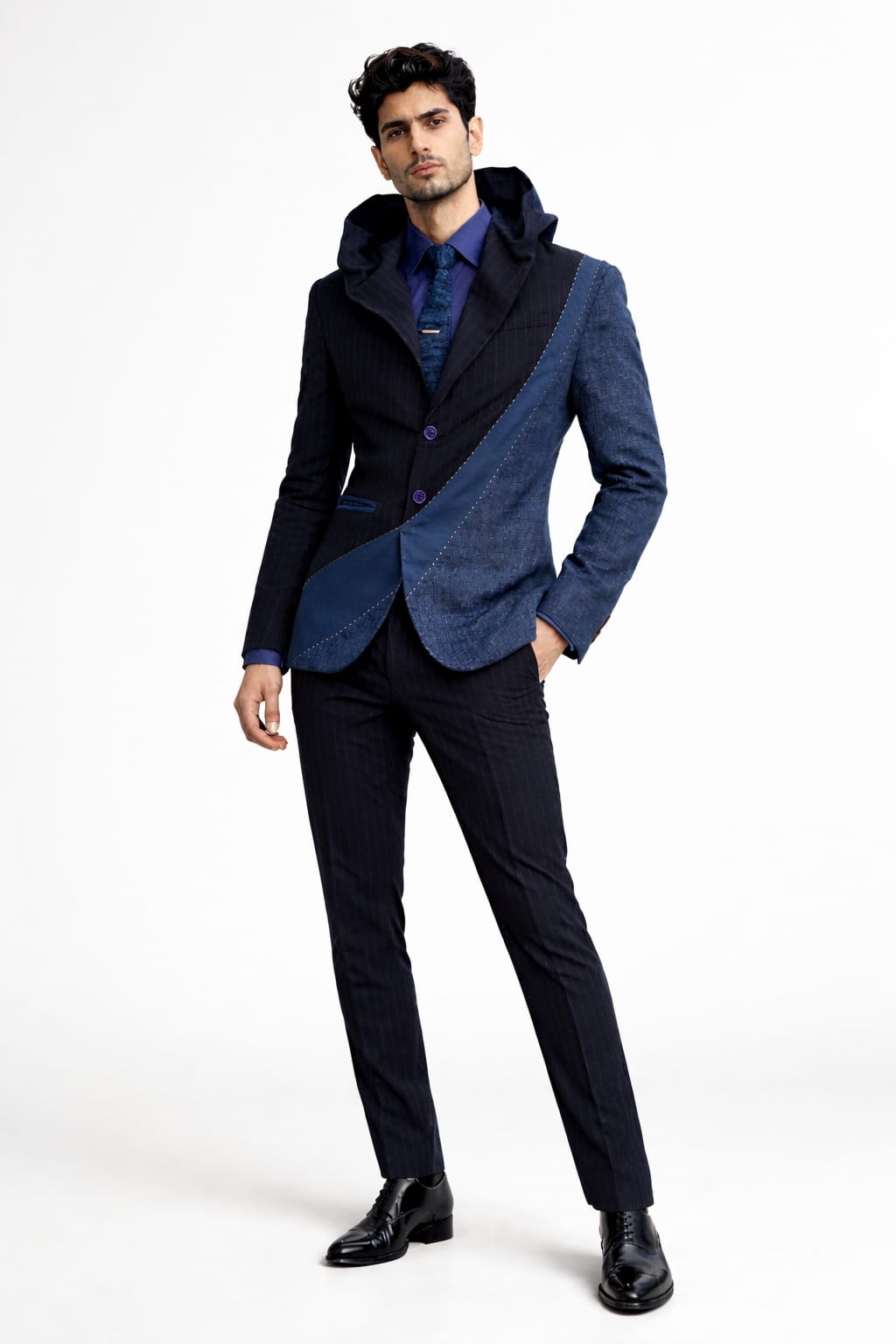 Asymmetrical Navy Pinstripe With Contrasting Textured Panel