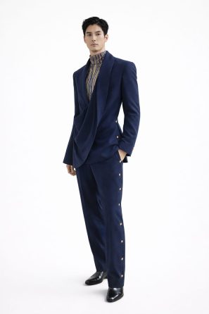 Asymmetrical Draped Sleek Shawl Collar Navy Blue Suit