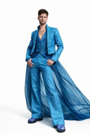 Floor Length Sheer Train Blue Ensemble Shimmering Texture Suit